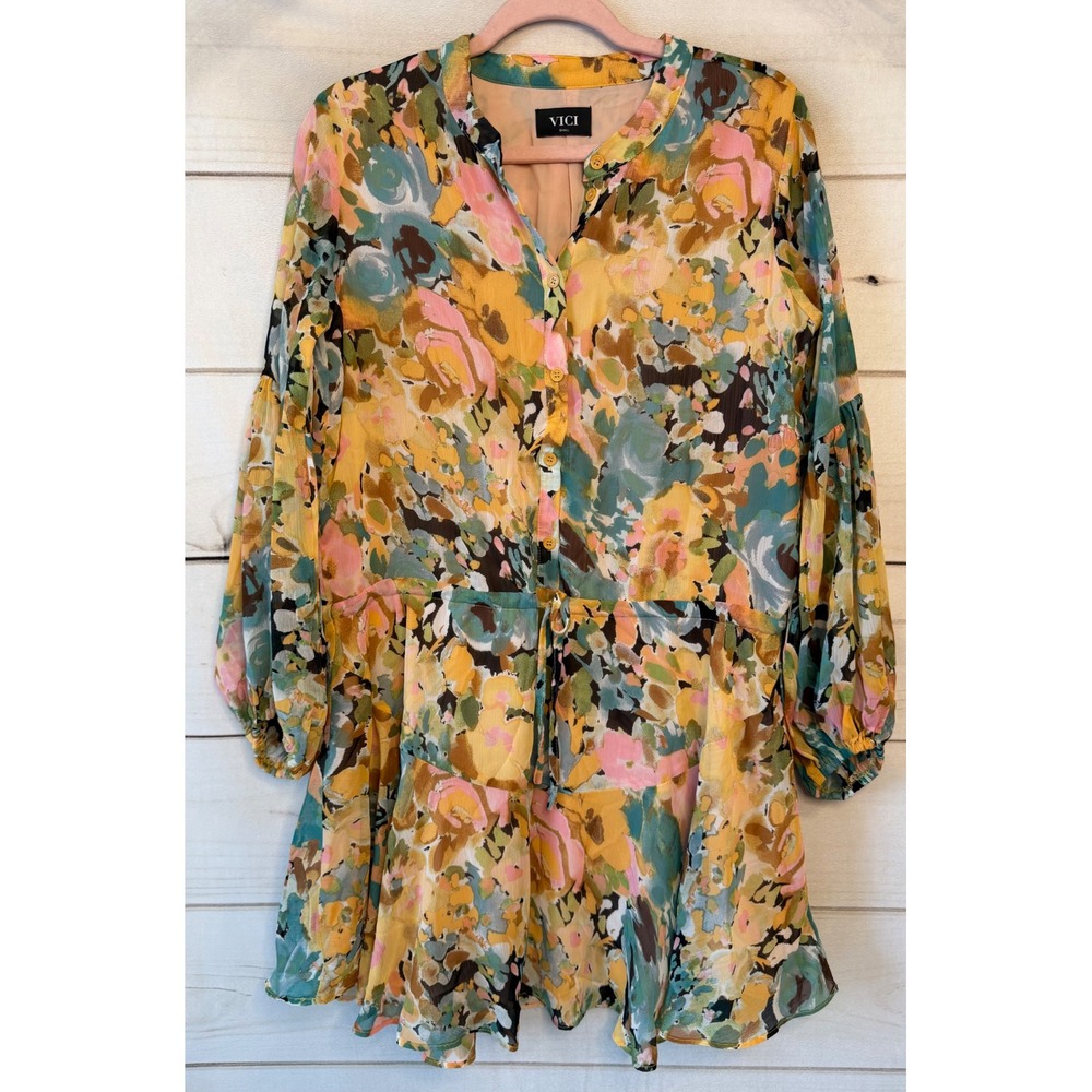 Vici Multi Color Floral Mini Dress Long Balloon Sleeve Ruffle Hem NV00752D Small